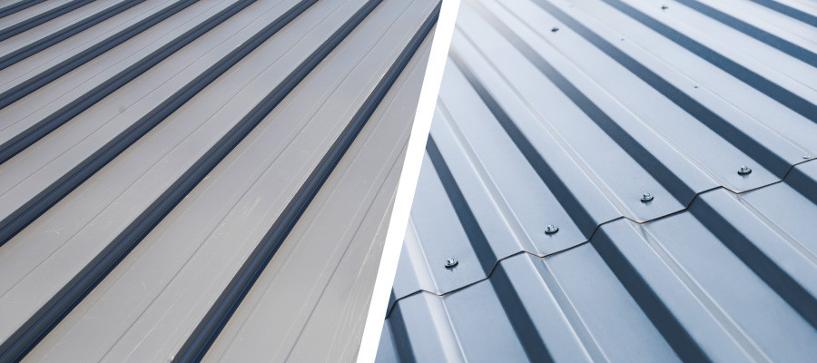 Lefthand Side Concealed Fastener metal roof panel. Righthand side exposed fastener metal roof panel