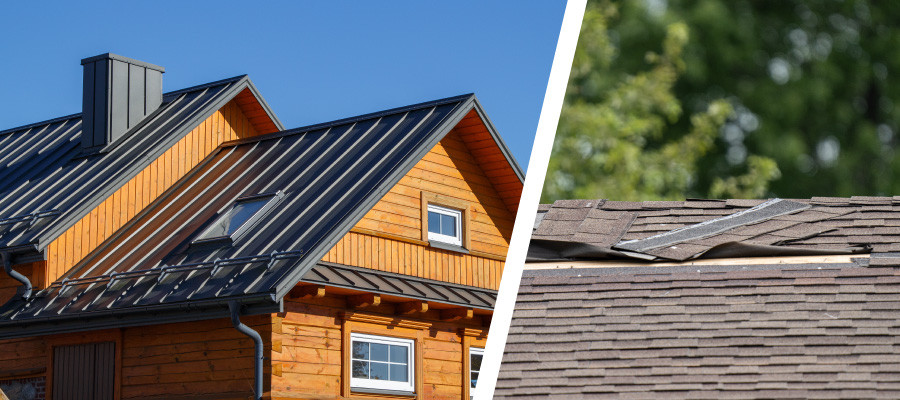 Home with metal panels for roofing vs. home with shingles after harsh weather