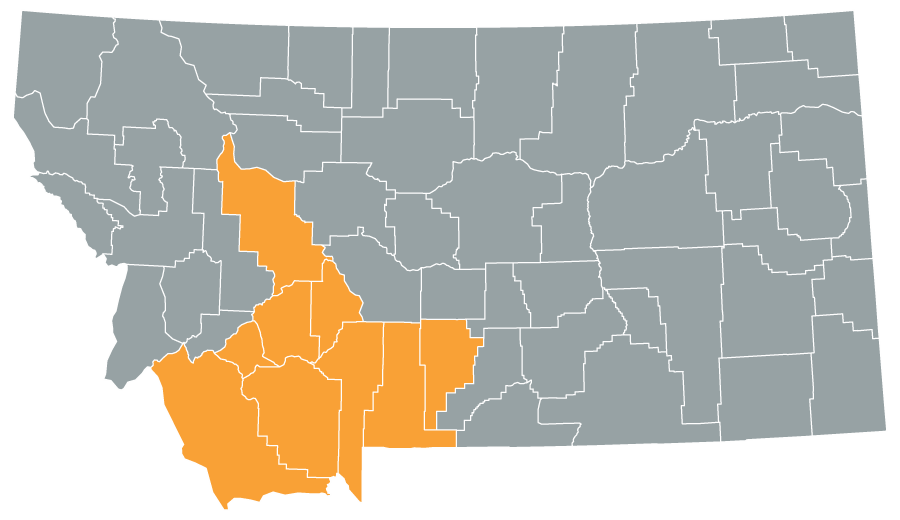 Map of Montana with Gallatin, Beaverhead, Sweet Grass, Park, & Silver Bow, Madison, Jefferson, Broadwater, and Lewis and Clark  counties highlighted.